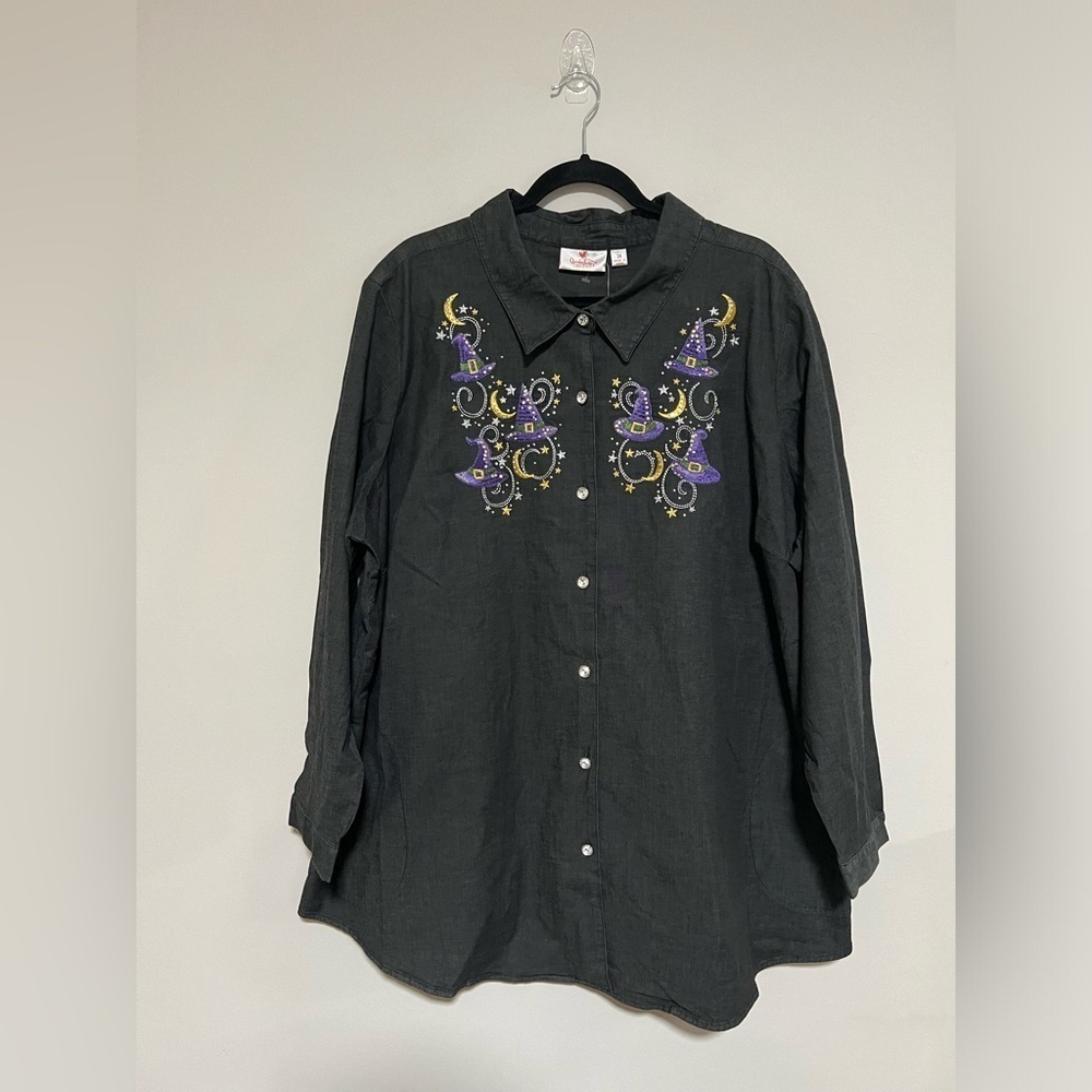 Quacker Factory Black Halloween Button Down Top 3X Stars Moons Witch Hats NWT